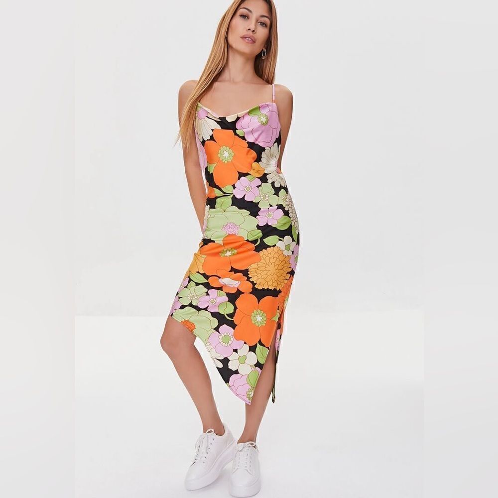 Forever 21 Black Floral Slip Dress with Orange, Green & Pink Flowers